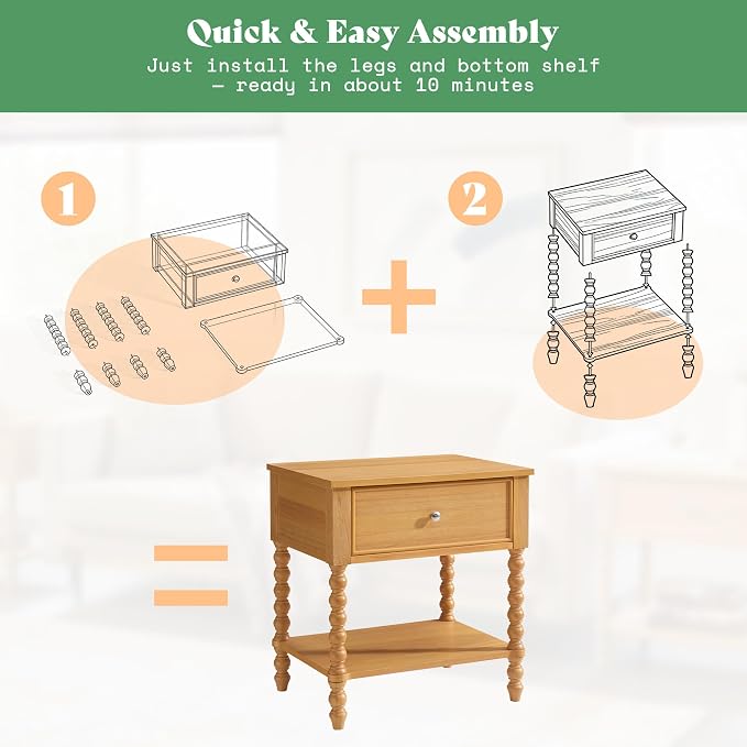 AMERLIFE 24" Wood Nightstand Set of 2, Vintage Bedside Table - Image 4