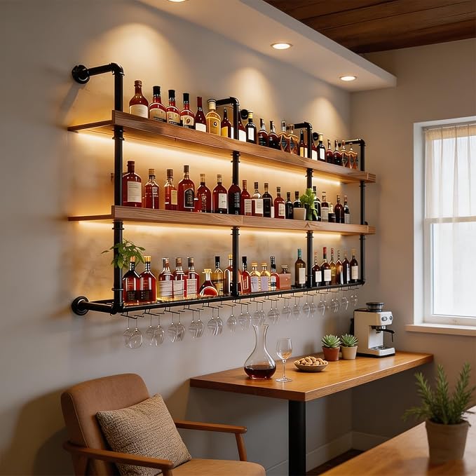 Wall Mounted Wine Rack with LED Lights, 4-Tier Industrial Wood Floating Shelves - Image 4