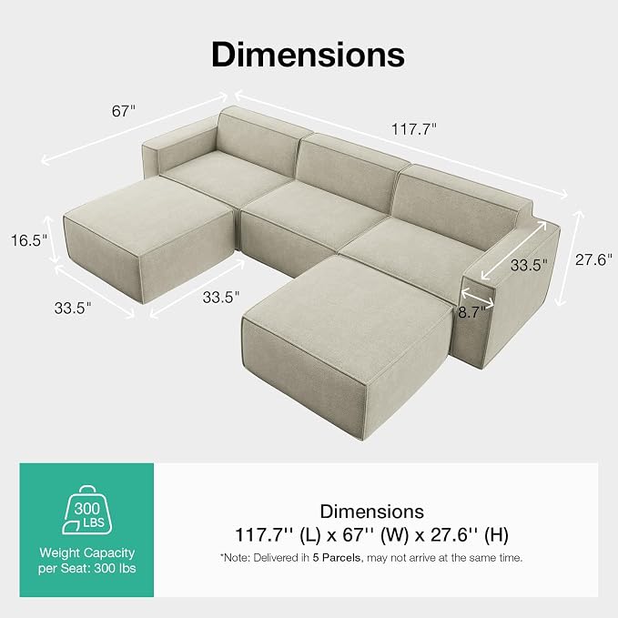 Novilla 117.7" Modular Sectional Sofa, No Assembly Cloud Sectional Couch - Image 2