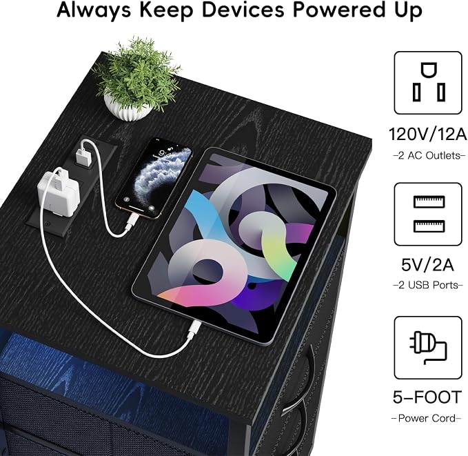 Fixwal Night Stand with 3 Fabric Storage Drawers, LED Nightstand with Charging - Image 5