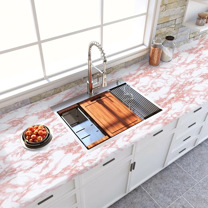 practicalWs White/Pink Marble Contact Paper Granite Peel and Stick Countertops - Image 2
