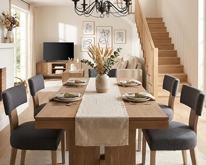 HNY Mid Century Modern Dining Chairs Set of 4, Farmhouse Linen Upholstered - Image 7