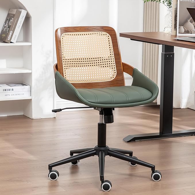 Home Office Desk Chair with Ergonomic Rattan Backrest, Walnut Crafts, Curved by ALLFONISLIVING