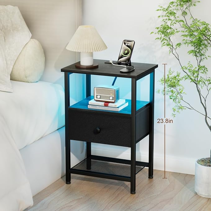 LOAKEKEL LED Night Stand with Charging Station, Small Bedside Table with USB - Image 3