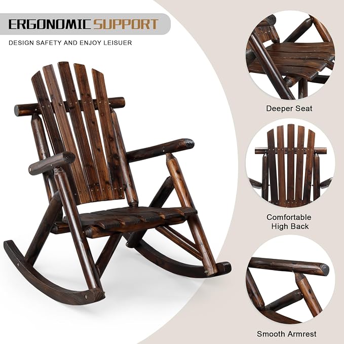 Outvita Wooden Rocking Chair, Fir Log Adirondack Rocker, Outdoor Wood Accent - Image 4