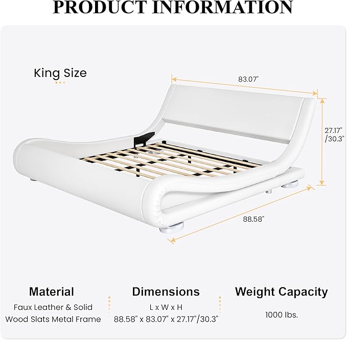 SHA CERLIN King Size Upholstered Bed Frame, Deluxe Low Profile Sleigh Bed - Image 2