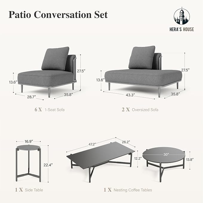 HERA'S HOUSE Metal Patio Furniture Set, Modular 10 Seats, 1 Nesting Coffee - Image 9