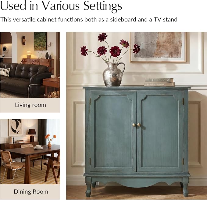 Solid Wood Sideboard with Adjustable Feet, 2 Shelves Storage Accent Cabinet - Image 7