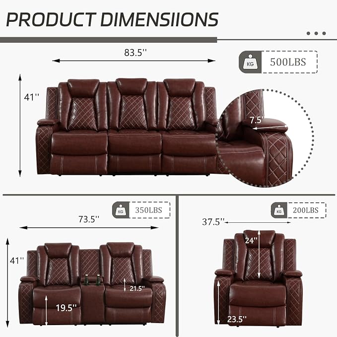 Power Recliner Sofa Set with LED, Leather Reclining Sofa Set, Living Room - Image 2