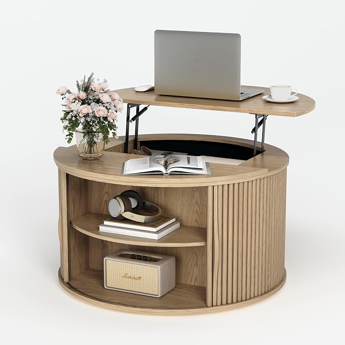 JOINICE 31.5" Round Lift Top Coffee Table, Natural Oak Modern Fluted Drum - Image 9