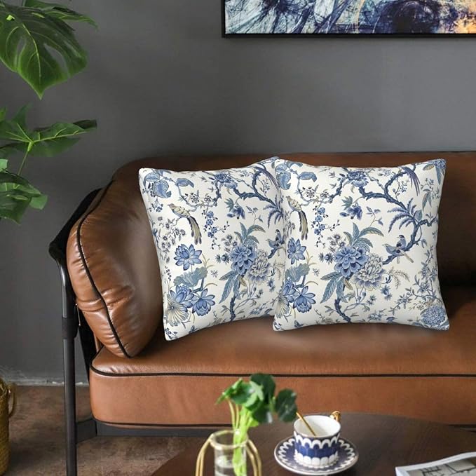 Chinoiserie Blue and White Pillow Covers 18x18 Set of 2, Bird and Flowers Throw - Image 8