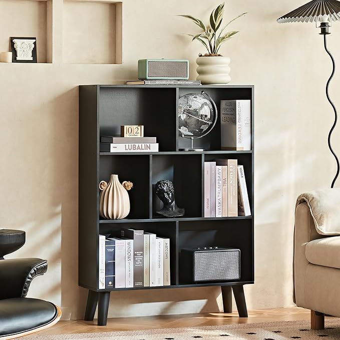 LEYAOYAO 7 Cube Black Bookshelf, 3 Tier Modern Bookcase - Image 9