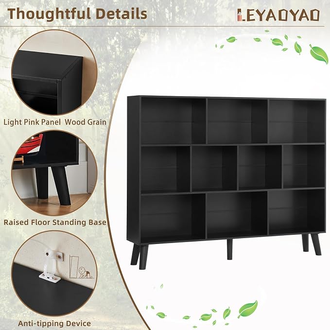 LEYAOYAO 10 Cube Bookshelf, 3 Tier Vintage 55" Wide Bookcase - Image 5