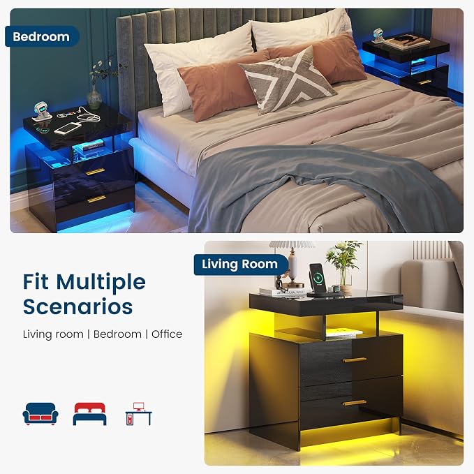 HNEBC Auto LED Nightstand with Wireless Charging Station & USB Ports, High - Image 9