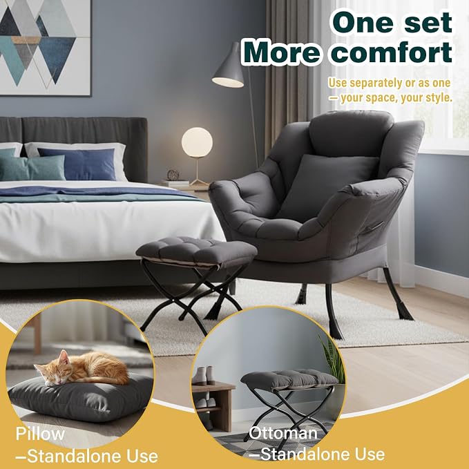 Lazy Chair with Ottoman, Large Accent Chair with Ottoman and a Throw Pillow - Image 3