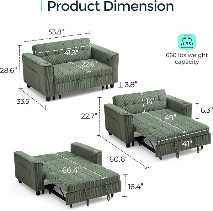 LINSY 54" Pull Out Couch with Charging Station - Image 2