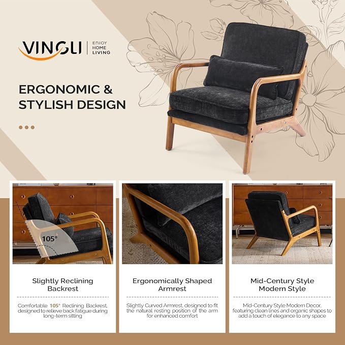 VINGLI Chenille Mid-Century Modern Accent Chair Set of 2, Cute Reading Arm Chair - Image 4