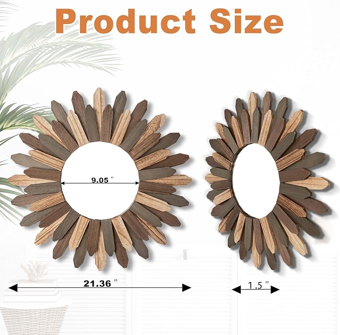 Emfogo Wall Mirror 21 inch Large Rustic Wood Boho Mirror Wall Decor Boho Room - Image 3