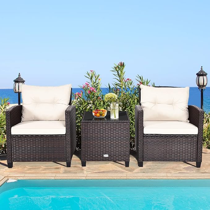 COSTWAY 3PCS Patio Furniture Set, PE Rattan Wicker Sofa w/Washable Cushion and - Image 3