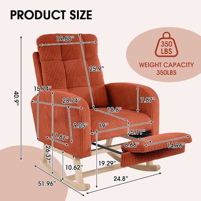 NIOIIKIT Nursery Rocking Chair, Corduroy Upholstered Rocking Chair - Image 2