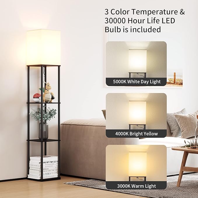 SUNMORY Floor Lamp with Shelves, Modern Square Standing Lamp with 3 Color - Image 2