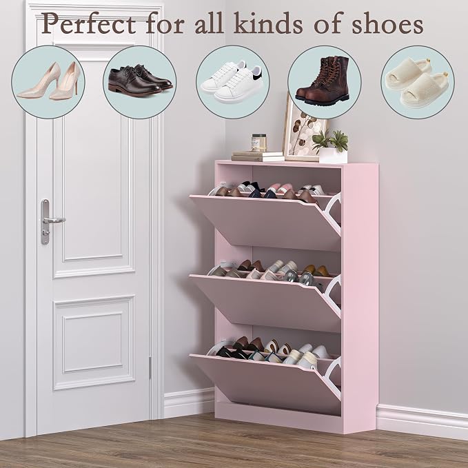 BORNOON Shoe Cabinet with 3 Flip Drawers, Hidden Wood Shoe Cabinet, - Image 4