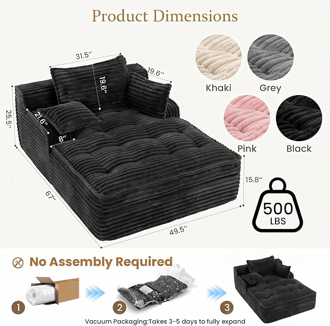 Boneless Chaise Lounge Couch Indoor, Oversized Corduroy Upholstered Sofa Bed - Image 2