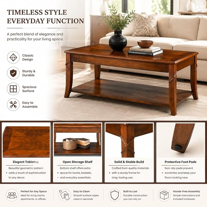 Solid Wood Coffee Table with Storage Shelf, Mid Century Modern Rectangle Coffee - Image 3