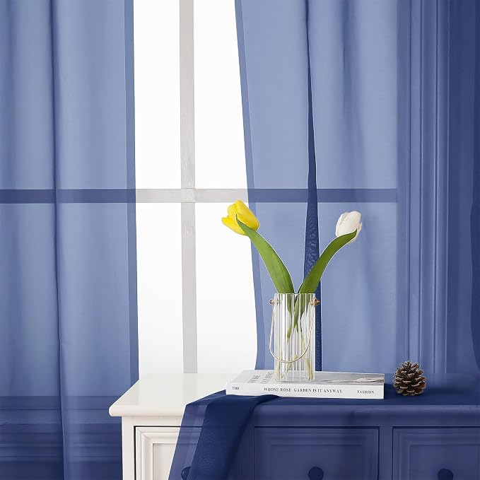 Lecloud Royal Blue Sheer Curtains 36 Inch Length 2 Panels, Solid Voile Cafe - Image 7