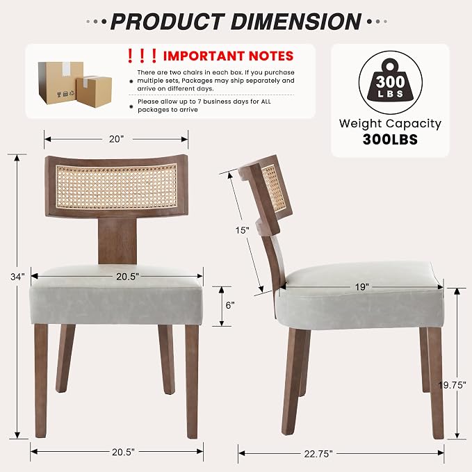 HNY Mid Century Modern Rattan Dining Chairs Set of 2, Farmhouse PU Leather - Image 2