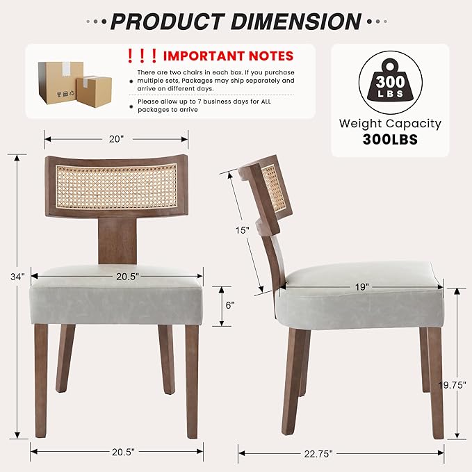 HNY Mid Century Modern Rattan Dining Chairs Set of 6, Farmhouse PU Leather - Image 2