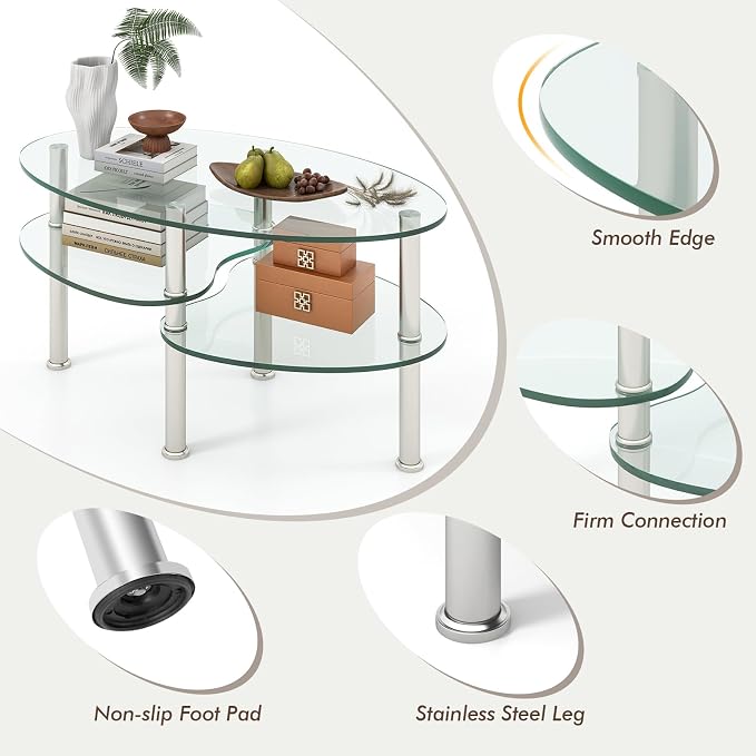 Tangkula Glass Coffee Table, Modern Furniture Decor 2-Tier Modern Oval Smooth - Image 5
