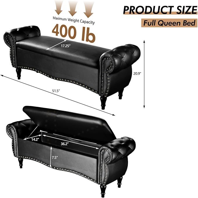 ZZW Storage Ottoman Bench, Tufted Bed Benches - Image 2