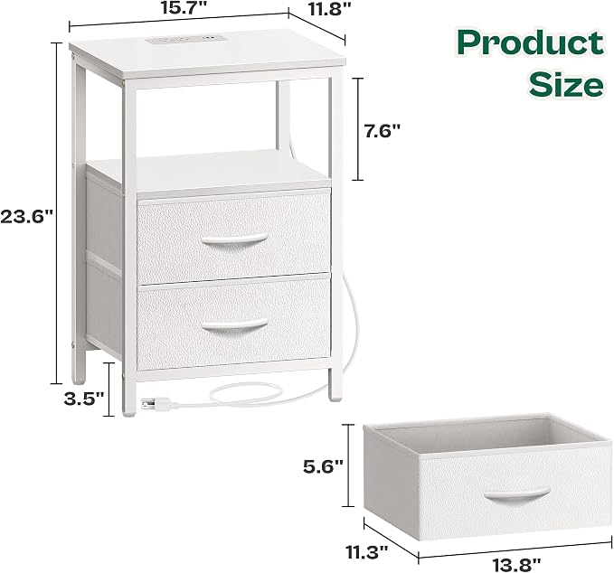Huuger Night Stand with Charger Station and LED Lights, 2 Drawer Nightstand - Image 3