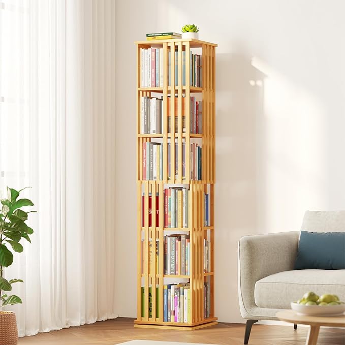 SpaceAid 6 Tier Rotating Bookshelf Tower, Bamboo Spinning Book Shelf, Revolving by SpaceAid