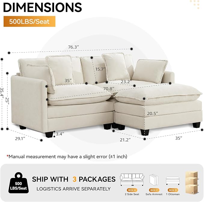 76'' Cloud Deep Seat Loveseat, Upholstered Chenille Modular 2-Seats Sectional - Image 2