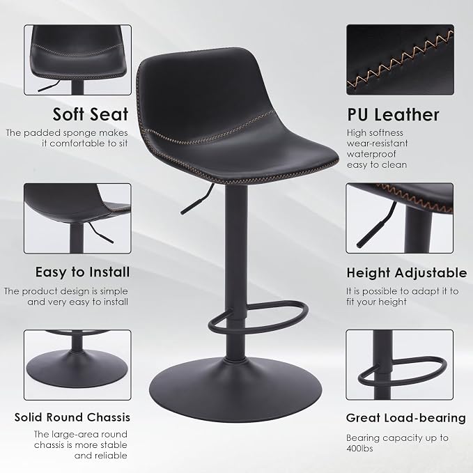 Adjustable Bar Stools Set of 2, Mid Century Modern Swivel Bar Stools, - Image 6
