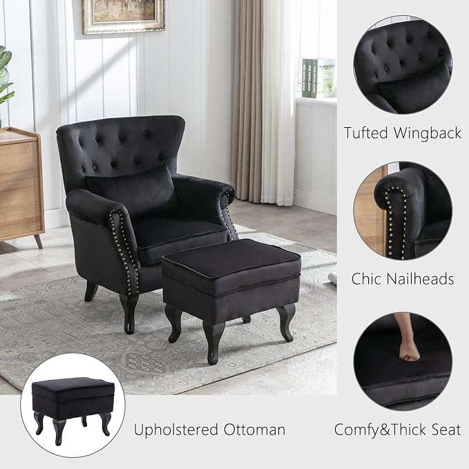 Mid Century Modern Accent Chair Upholstered Armchair Comfy Velvet Tufted - Image 3