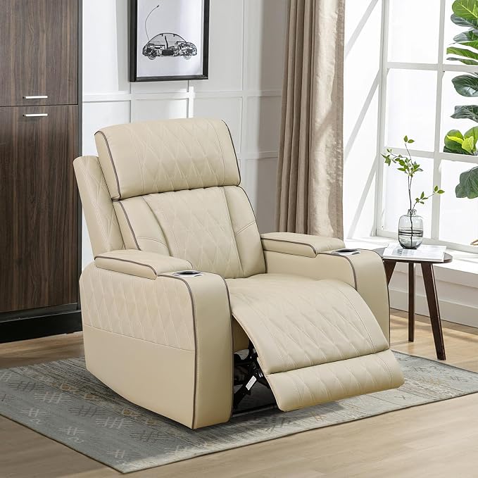 Power Recliner Chair with LED Lights, Leather Manual Recliner 1 Seat, Living - Image 4