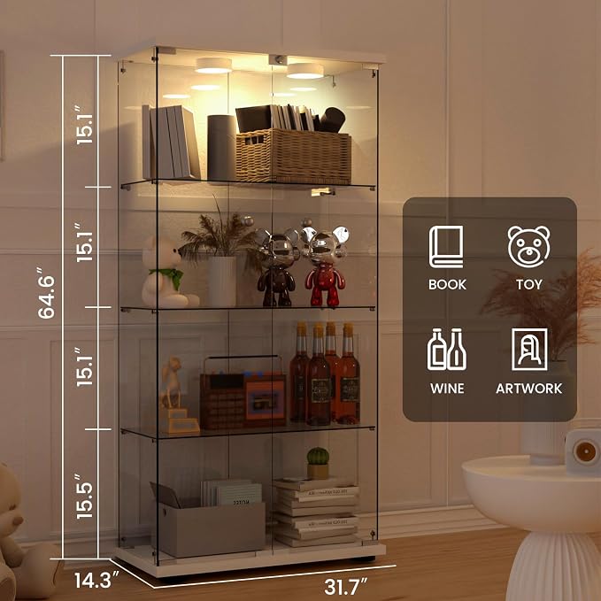 Display Cabinet with Light, Glass Door and Lock, 4-Shelf Fast Installation in - Image 2