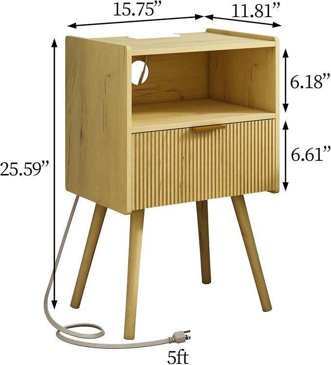 JOONEE Nightstand with Outlet, Modern Bedside Table with Storage Drawer and - Image 2