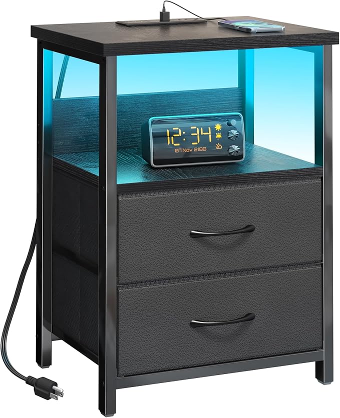 Fixwal Night Stand with Charging Station, LED Nightstand with U-S-B Ports and by Fixwal