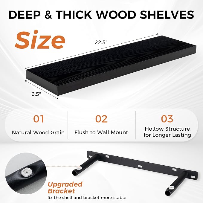 Fun Memories Deep Black Floating Shelf, 22.5" W x 6.5" D Rustic Wood Wall Shelf - Image 3