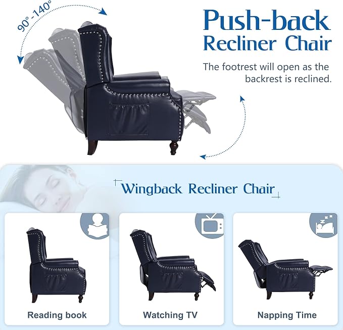 Wingback Recliner Chair with Massage and Heat, Tufted PU Leather Push Back - Image 4