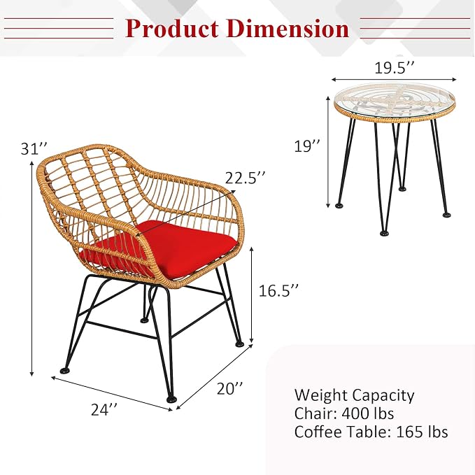Tangkula 3 Pieces Patio Bistro Set, Rattan Conversation Set - Image 5