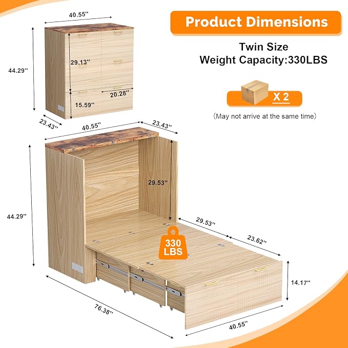 VINGLI Twin Murphy Bed with Storage Drawer, Fluted Wooden Foldable Bed Cabinet - Image 3