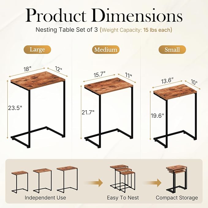 SUPER DEAL Nesting Tables Set of 3, Industrial C Shaped End Table Stackable - Image 3