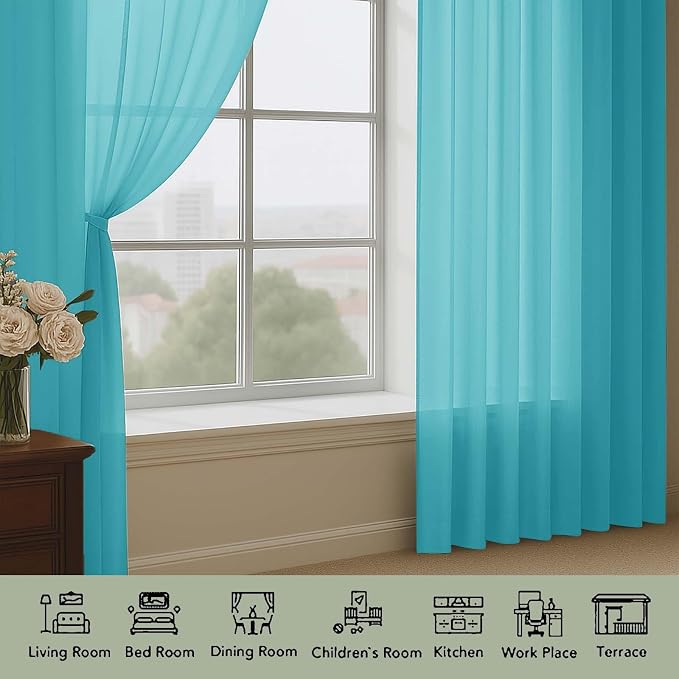 OWENIE Sheer Curtains 84 Inches Long 2 Panels Set, Sheer Turquoise Curtains - Image 3