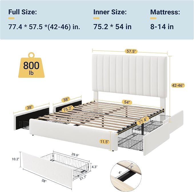Allewie Full Size Storage Bed Frame, Vertical Channel Tufted Adjustable - Image 2
