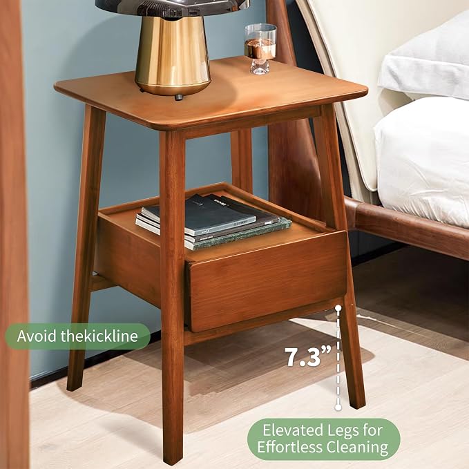 Fluted Nightstand with Drawer – Tall Solid Bamboo Bedside Table with Open Shelf - Image 6